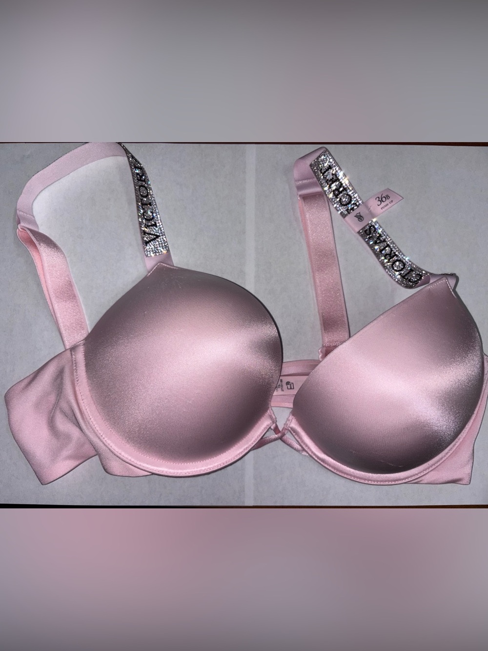 Victoria's Secret Pink Satin Bombshell Push-Up Bra with Embellished Logo Straps